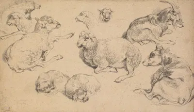 Sheet of Studies with Sheep, Goats, and Dogs by Жан-Батист Уэ, c. 1780 — digital art print download