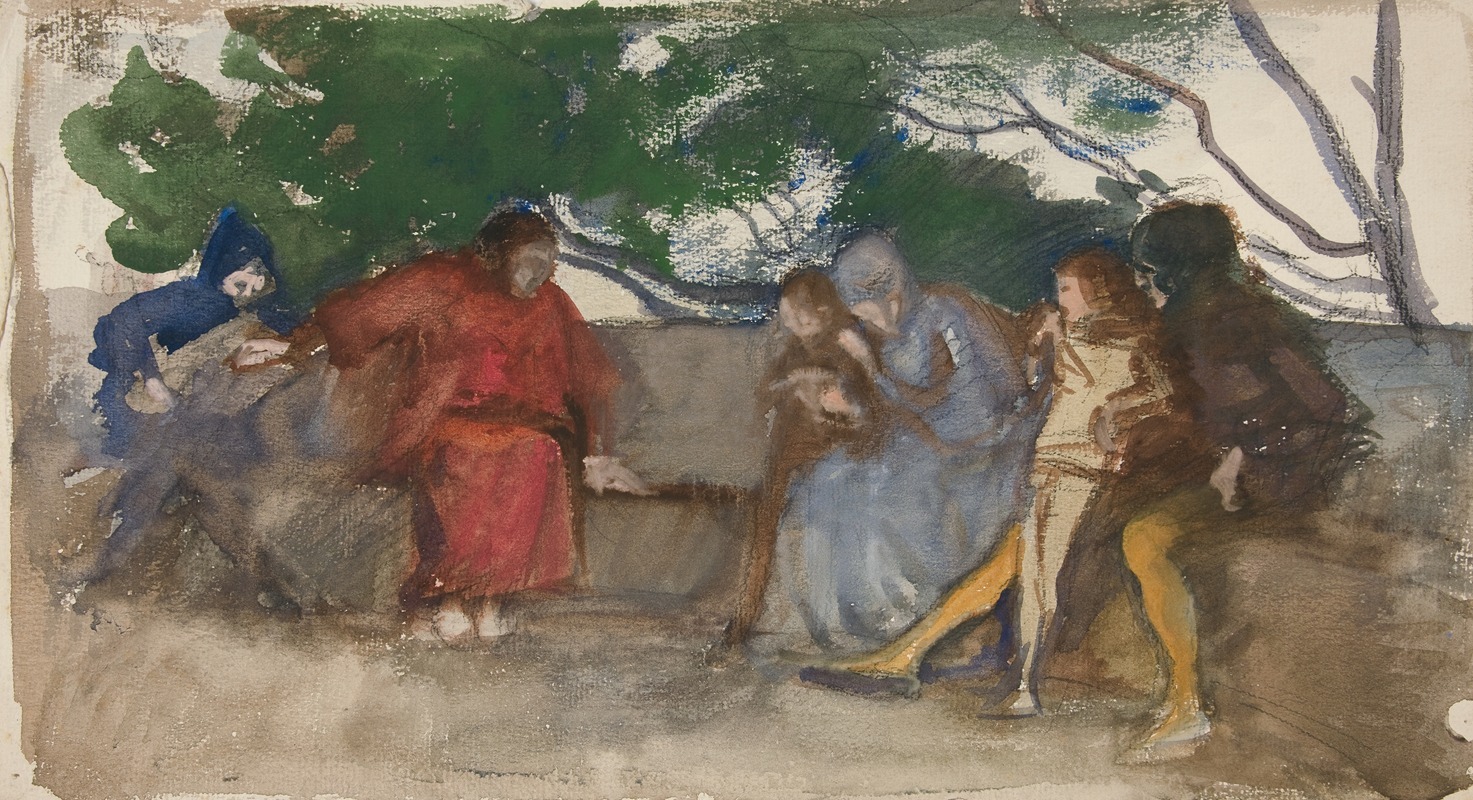 Figures seated along an outdoor bench — Edwin Austin Abbey
