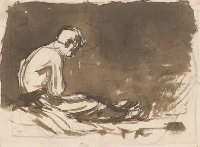 Sketch of a Man sitting Half-Naked from a Side View by Ladislav Mednyánszky — digital art print download
