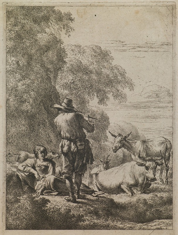 The Shepherd Playing the Flute by Николаес Питерсз. Берхем, 1648 — digital art print download
