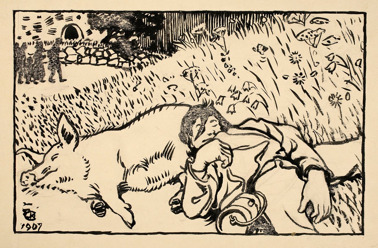 Pig and drunk man by Аксели Галлен-Каллела, 1907 — digital art print download
