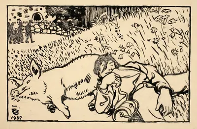 Pig and drunk man by Аксели Галлен-Каллела, 1907 — digital art print download