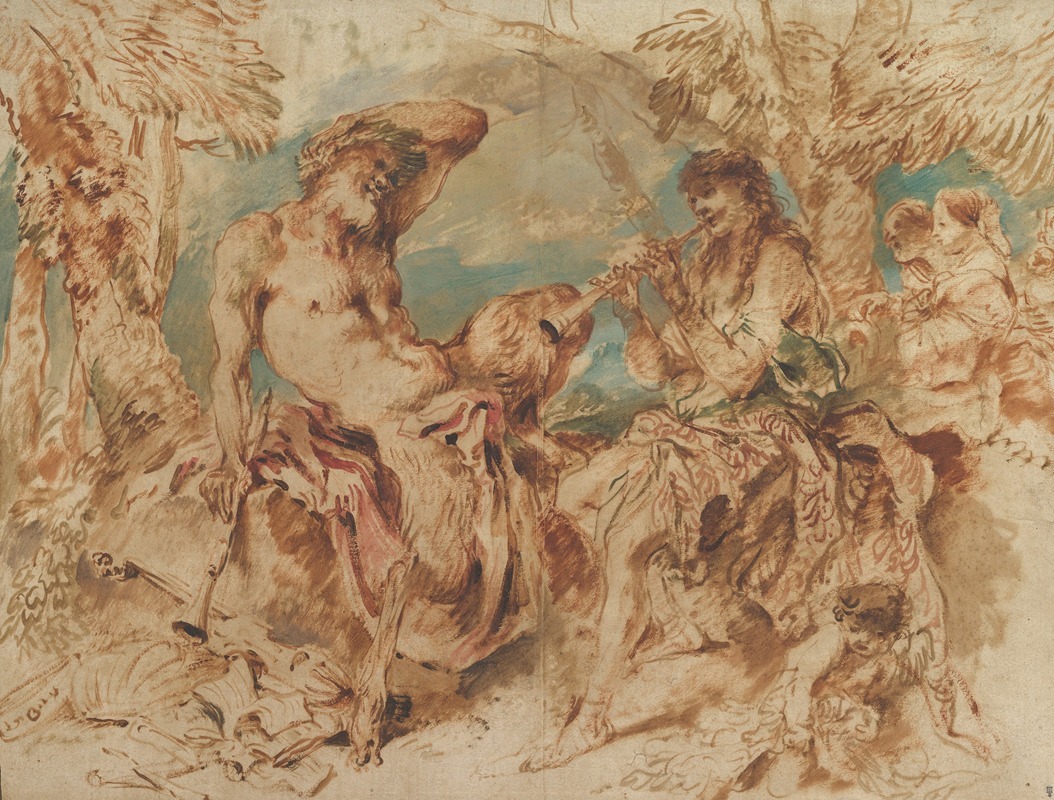 Youth Playing a Pipe for a Satyr by Джованни Бенедетто Кастильоне — digital art print download
