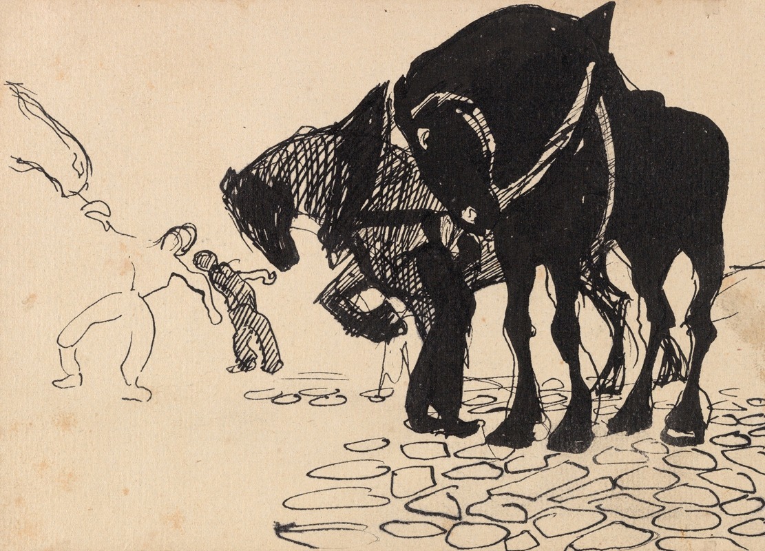 Three Horses Tended by Men by Умберто Боккьони, 1910 — digital art print download