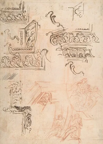 Studies of Architectural Moldings, of the Virgin and Child with a Kneeling Saint, and of Two Angels Supporting Frames by…