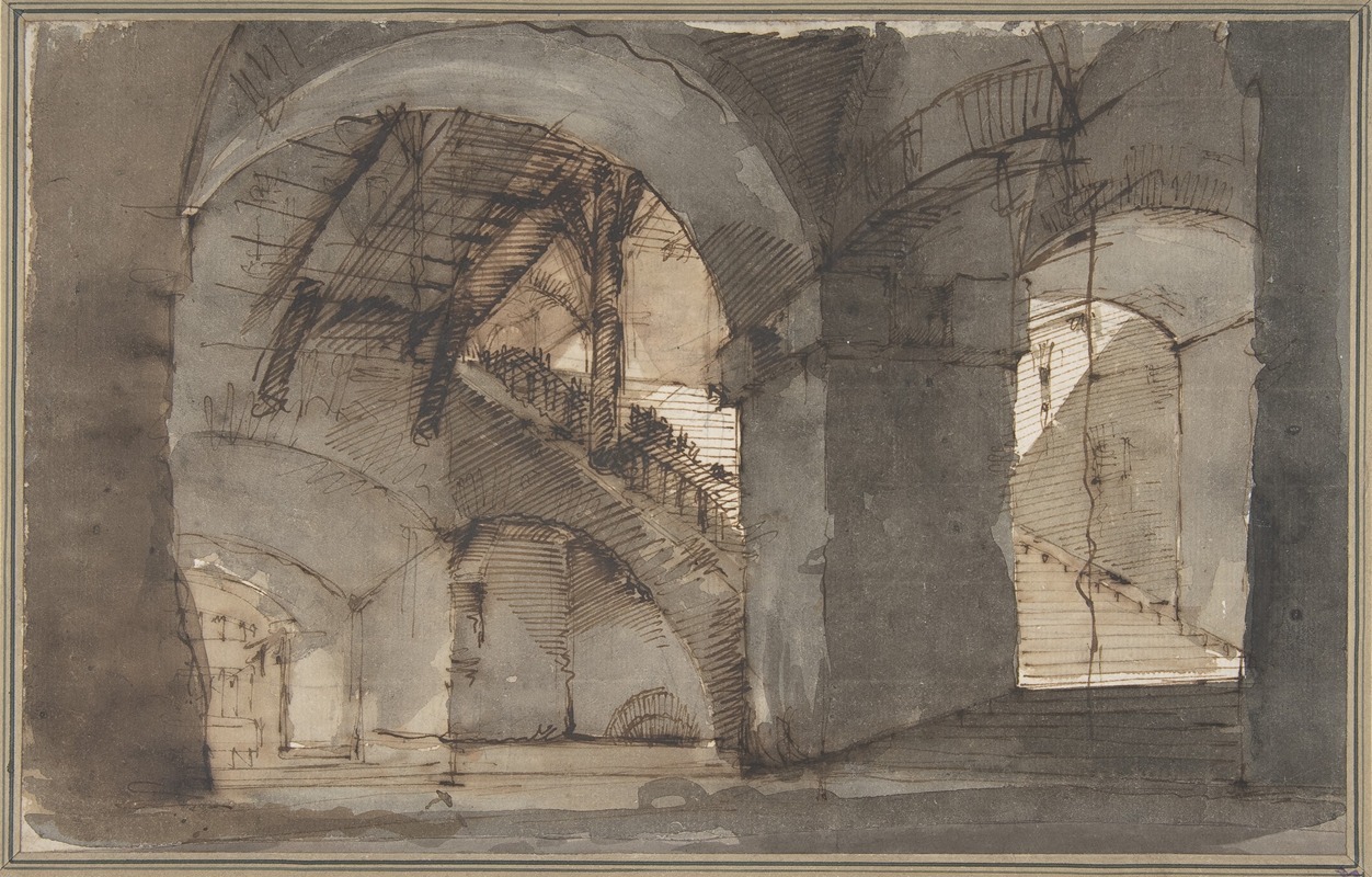 A Dungeon with High Vaults and a Staircase at Right. — Domenico Fossati
