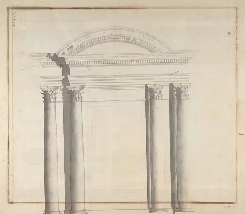 Elevation Design for a Monumental Entrance with Columns and Rounded Pediment — Giovanni Battista Galliani