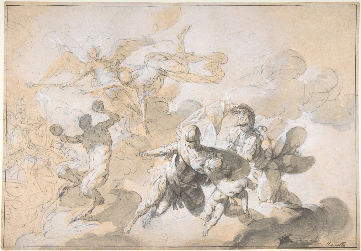 Ceiling Decoration with Mars, Minerva, and a Dancing Satyr by Giovanni Domenico Ferretti — digital art print download
