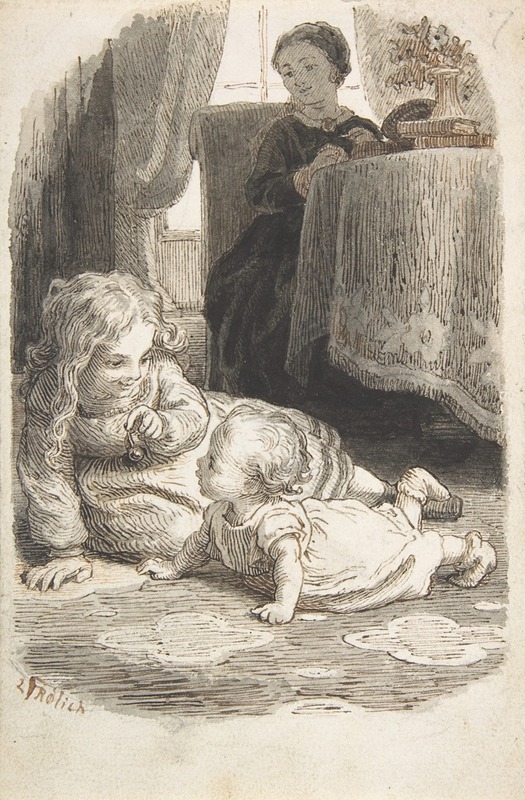Mother Watching Over Two Young Children Playing — Лоренц Фрёлих