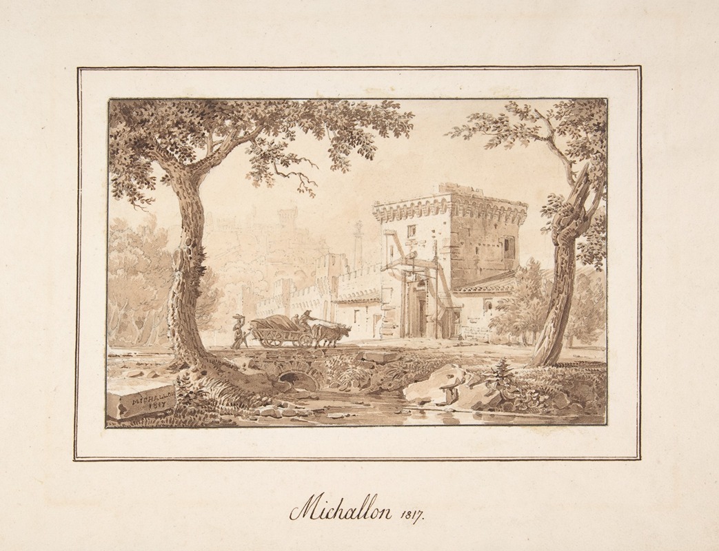 Oxcart Approaching a Fortified Building — Ахиль Этна Мишаллон