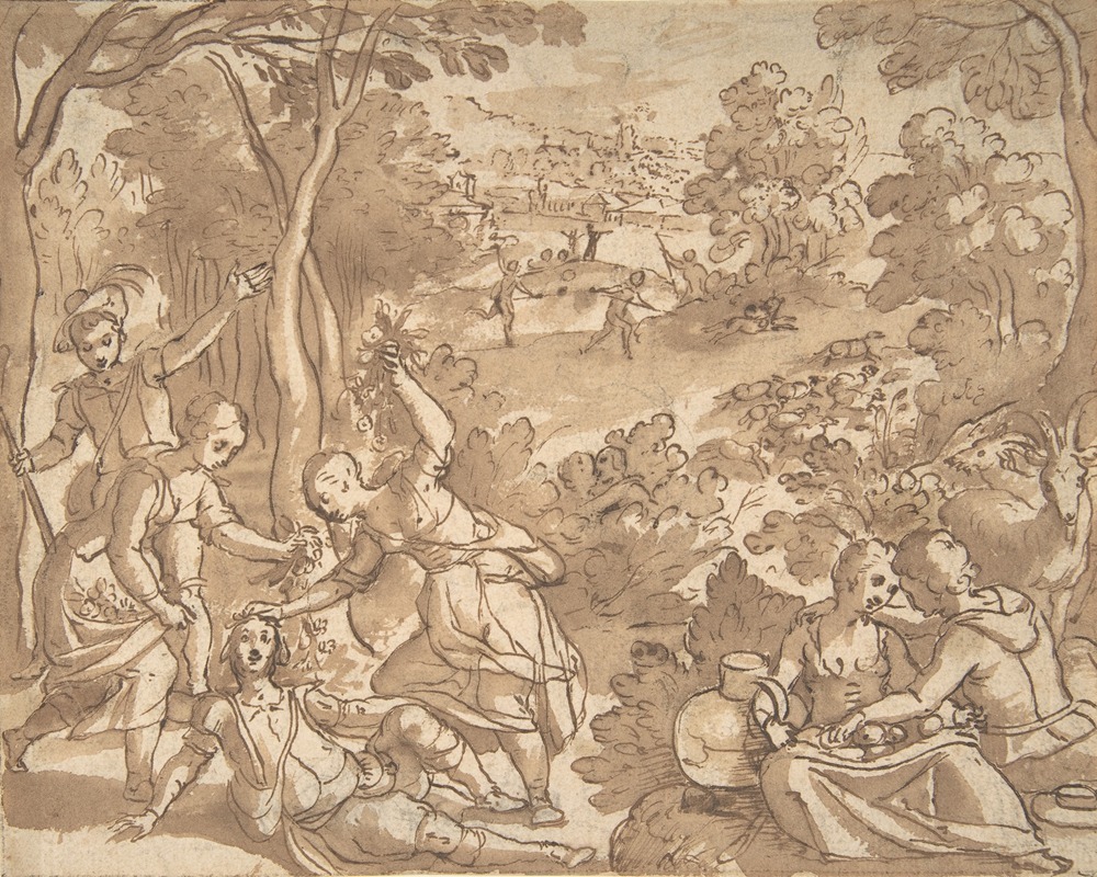 Landscape with Lovers and Hunters by Adam van Noort — digital art print download