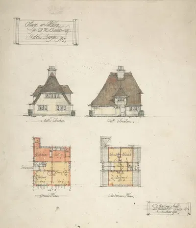 Cottage at Littleton for B.M. Chamber Esq. by Charles Edward Mallows, 1911 — digital art print download