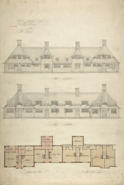 Design for Thatched Cottages for Mrs. Kingsley by Charles Edward Mallows, 1910 — digital art print download