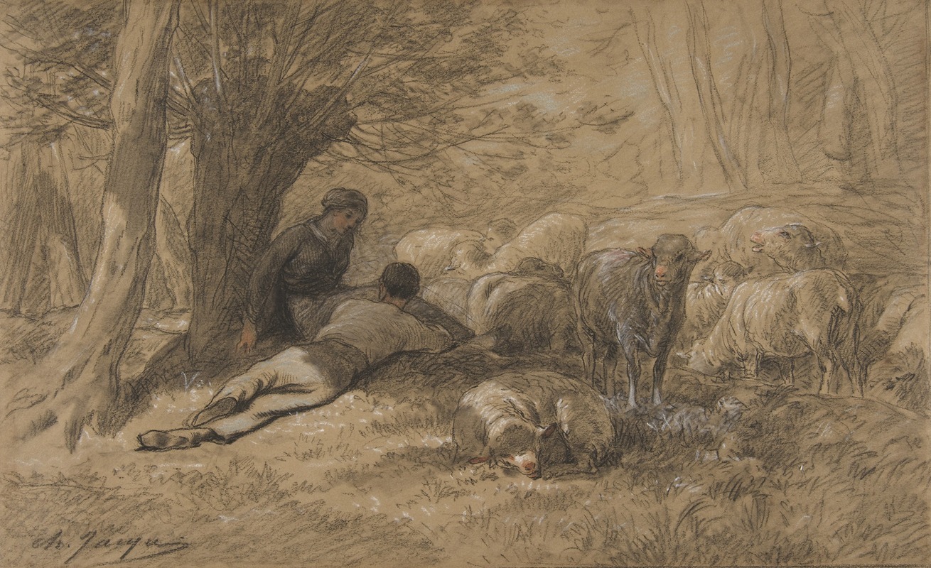 Tending the Sheep by Шарль Эмиль Жак — digital art print download