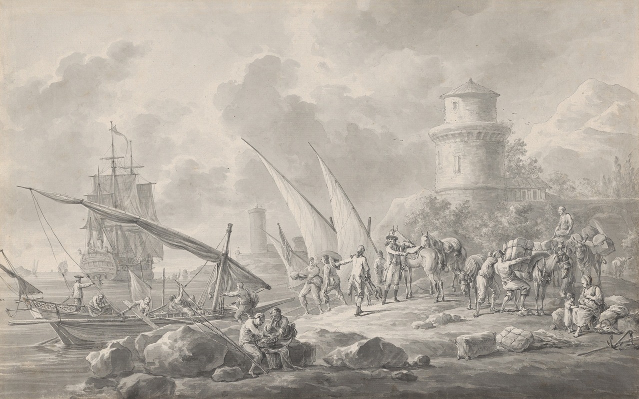 Soldiers Loading Barges for a Large Sailing Ship Along the Coast — Dirk Langendijk