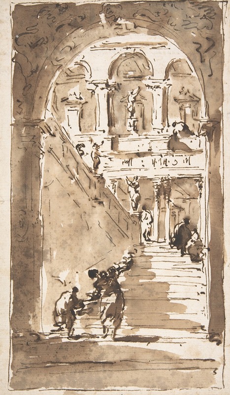 Architectural Fantasy; Figures on a Grand Staircase — Francesco Guardi