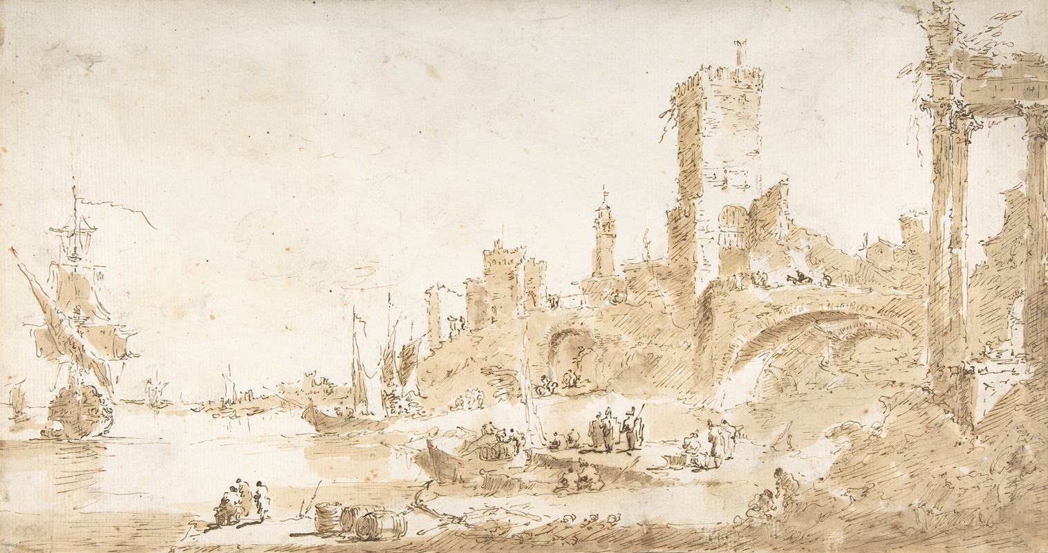 Capriccio with a Seaport and Classical Ruins by Франческо Гуарди — digital art print download