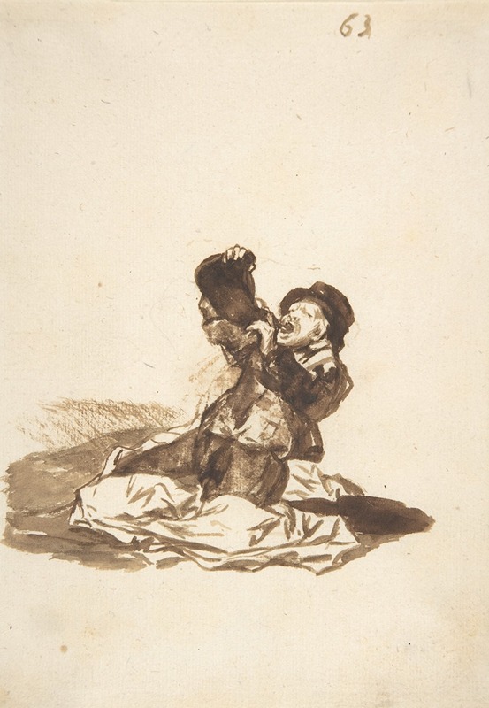 A man on the ground drinking from a wine skin — Francisco de Goya