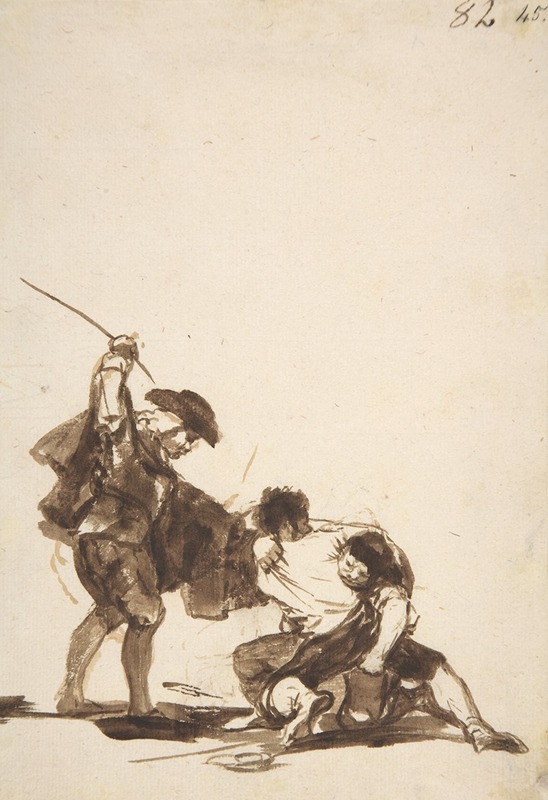 A man with a raised whip breaking up a fight between two figures — Francisco de Goya