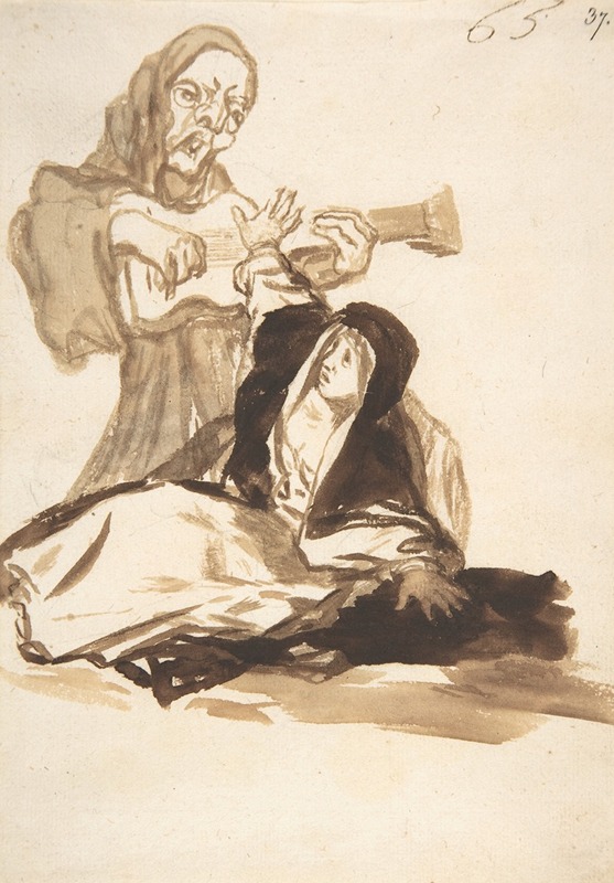 A nun frightened by a ghost playing a guitar — Francisco de Goya