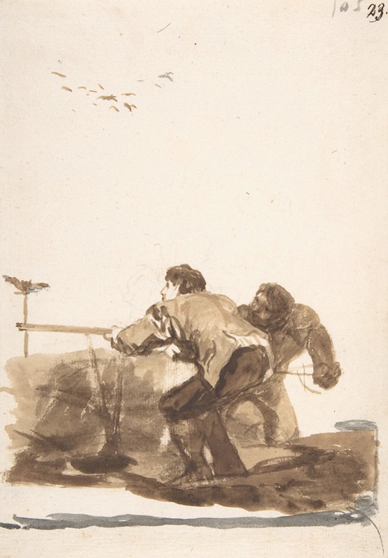 Men hunting birds using a decoy by Франсиско де Гойя — digital art print download
