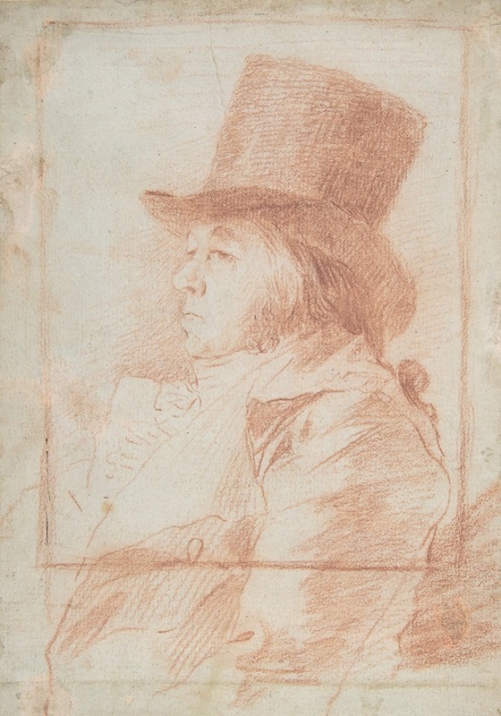 Self-portrait; Goya wearing a top hat facing left within a drawn frame — Francisco de Goya
