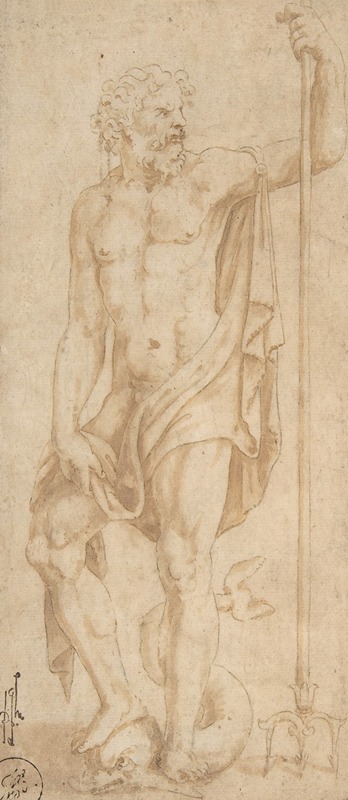 Neptune Holding a Trident and Standing on a Dolphin — Giulio Romano