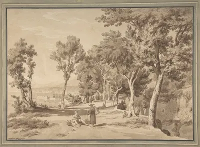 Figures in a Grove above the Bay of Naples by Якоб Вильгельм Хубер, 1820 — digital art print download