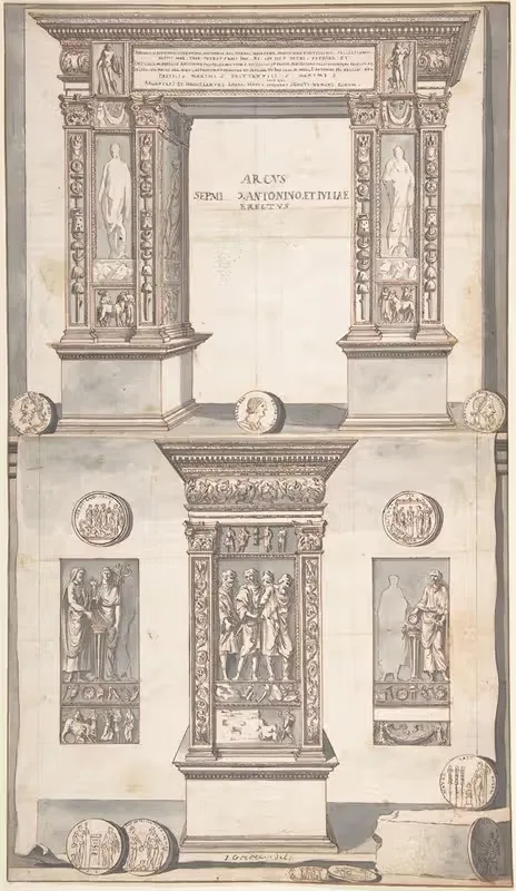Arch of Septimius Severus, Frontal Elevation (above) and Side View (below) — Jan Goeree
