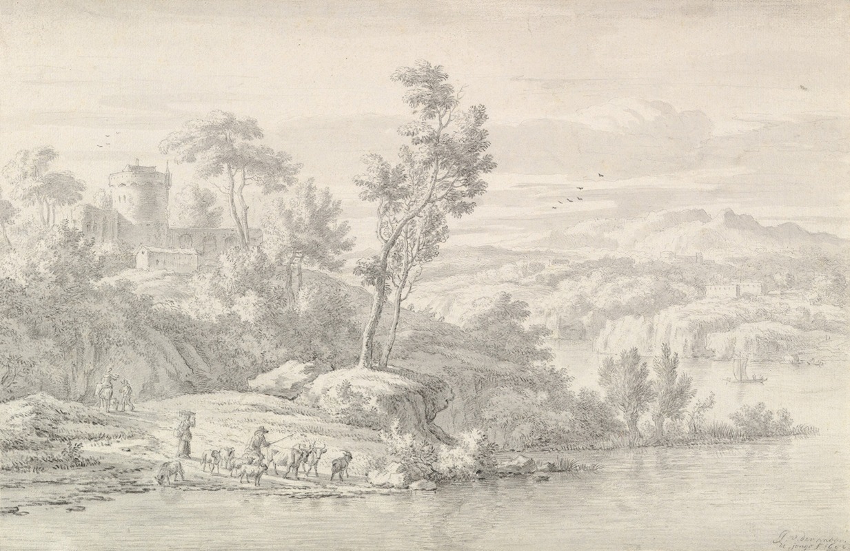 Southern Landscape with Figures and Cattle at a River — Jan van der Meer the Younger