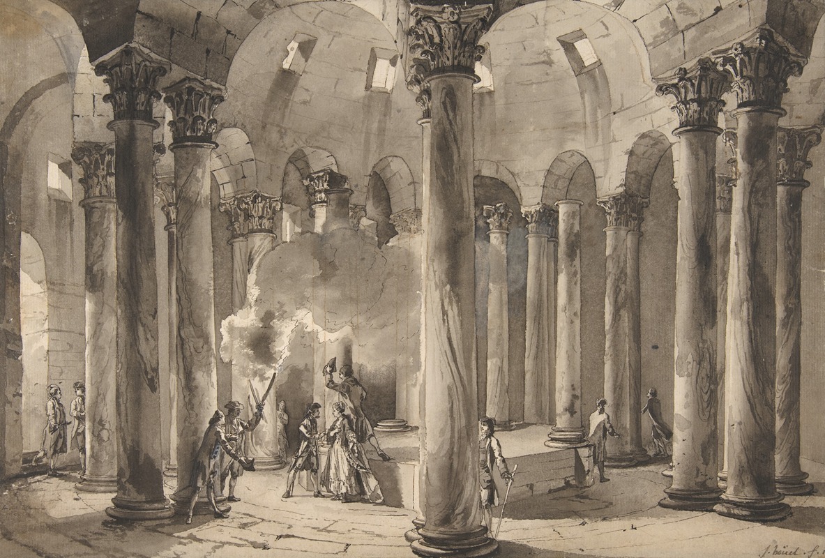 Visitors with Torches Inside a Circular Building by Жан Пьер Луи Лоран Уэль — digital art print download