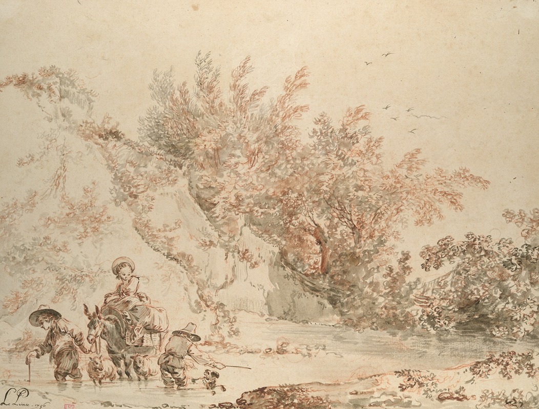 Landscape with Peasants Fording a Stream — Jean-Baptiste Le Prince