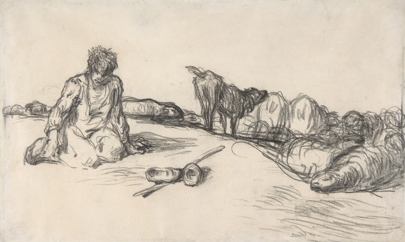 A Seated Shepherd with His Dog and Sheep — Jean-François Millet