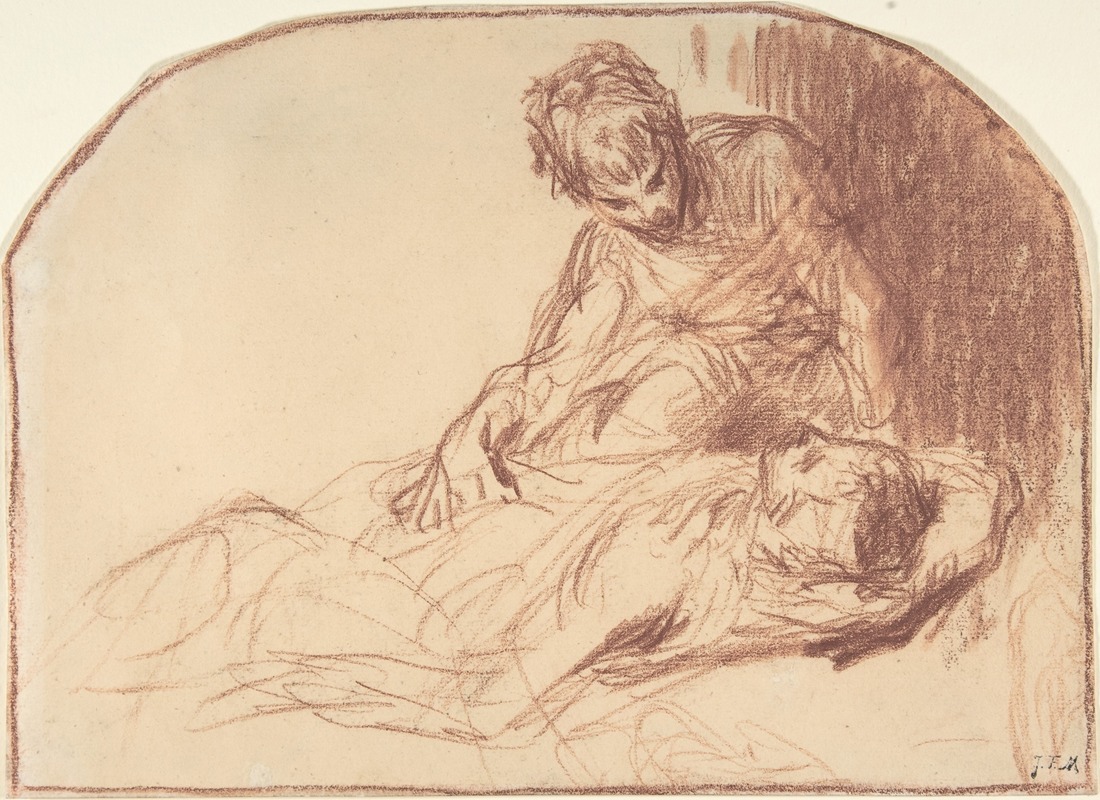 A Young Man Seated, Bent over a Reclining Figure — Jean-François Millet