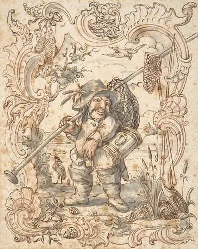 Caricatures of a Fish and a Bird Peddler in Ornamental Frames by Johann Esaias Nilson — digital art print download