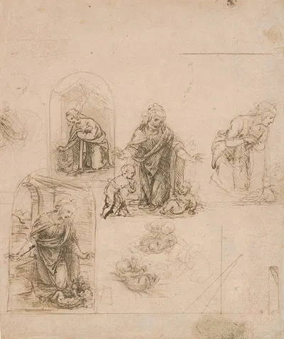 Compositional Sketches for the Virgin Adoring the Christ Child, with and without the Infant St. John the Baptist; Diagram…
