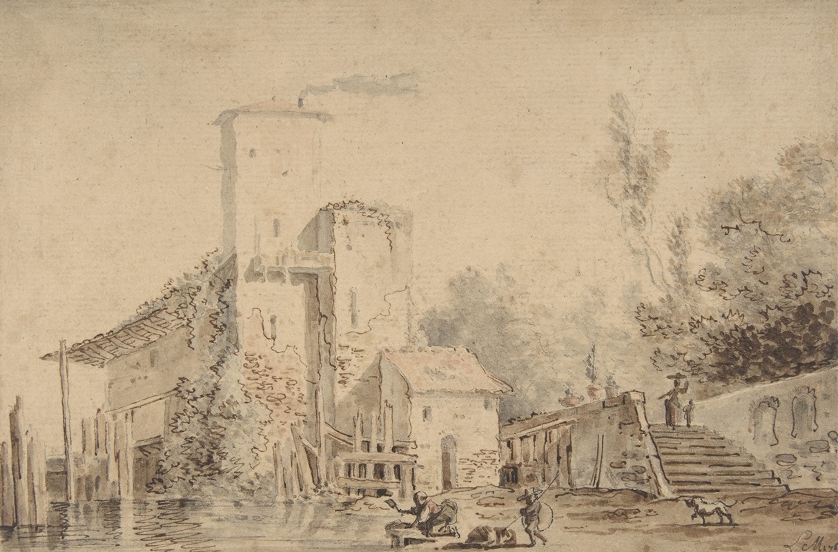Farm House by a River with Figures by Луи Габриэль Моро, 1765 — digital art print download