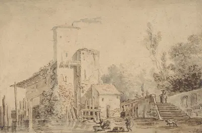 Farm House by a River with Figures by Луи Габриэль Моро, 1765 — digital art print download