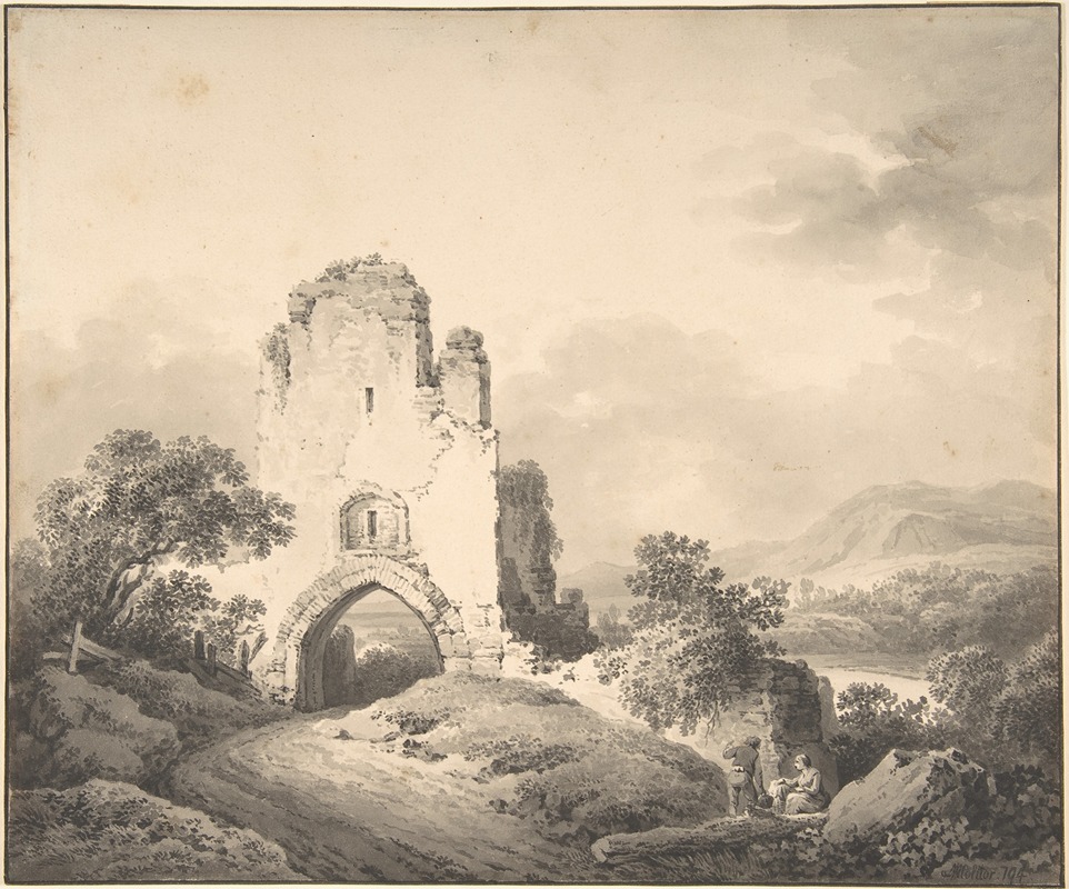 Landscape with a Ruined Tower and Two Figures by Мартин фон Молитор, 1794 — digital art print download