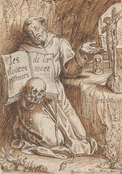 Saint Francis Kneeling in a Grotto, holding a Book and a Skull by Nicolaas van der Horst, 1627 — digital art print download