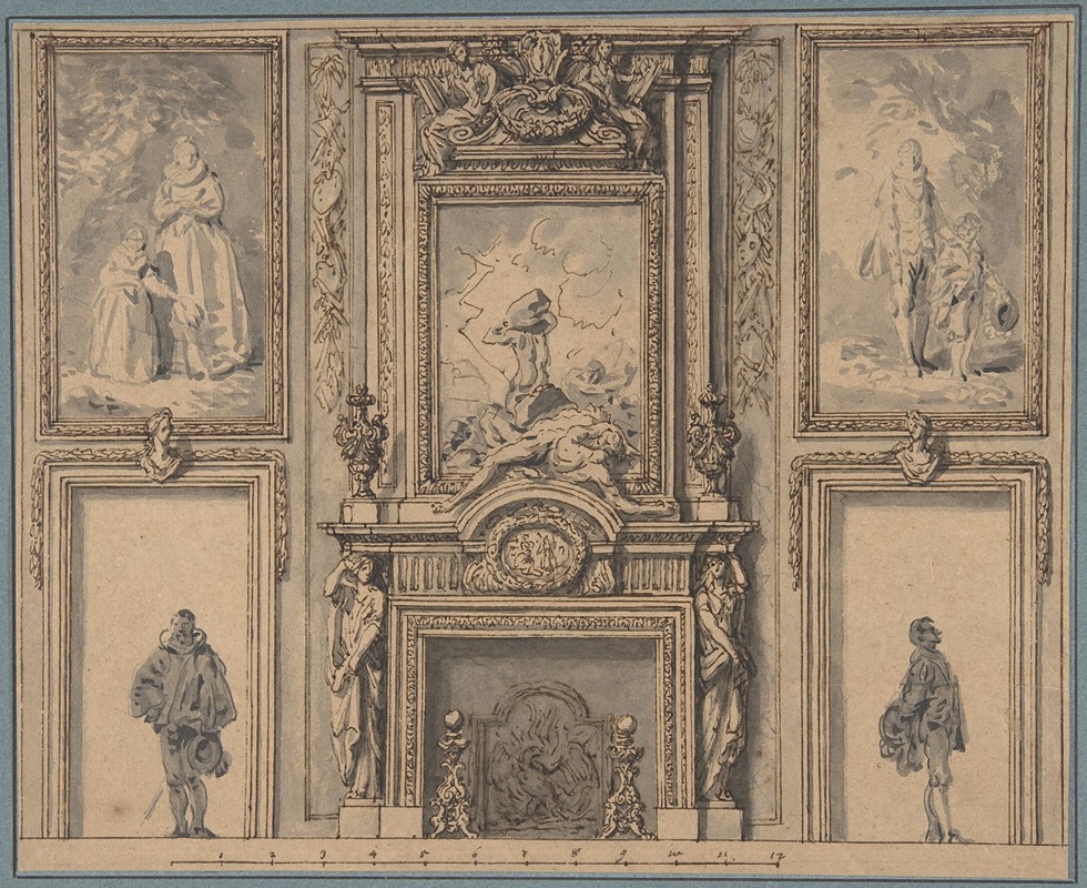 Design for a Wall Decoration with Chimneypiece and Two Figures — Antoine Le Pautre