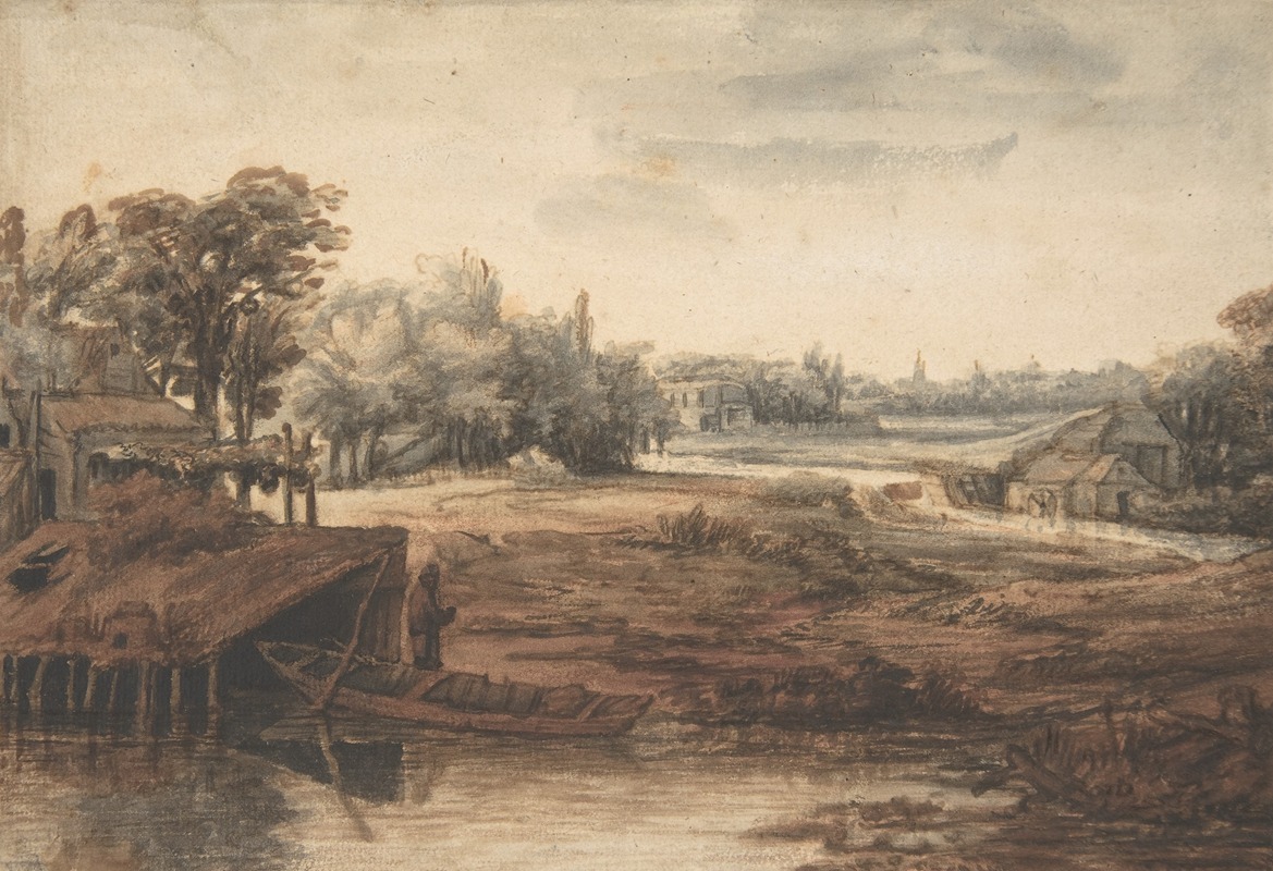 River Landscape with a Man Standing by a Boathouse — Philips Koninck
