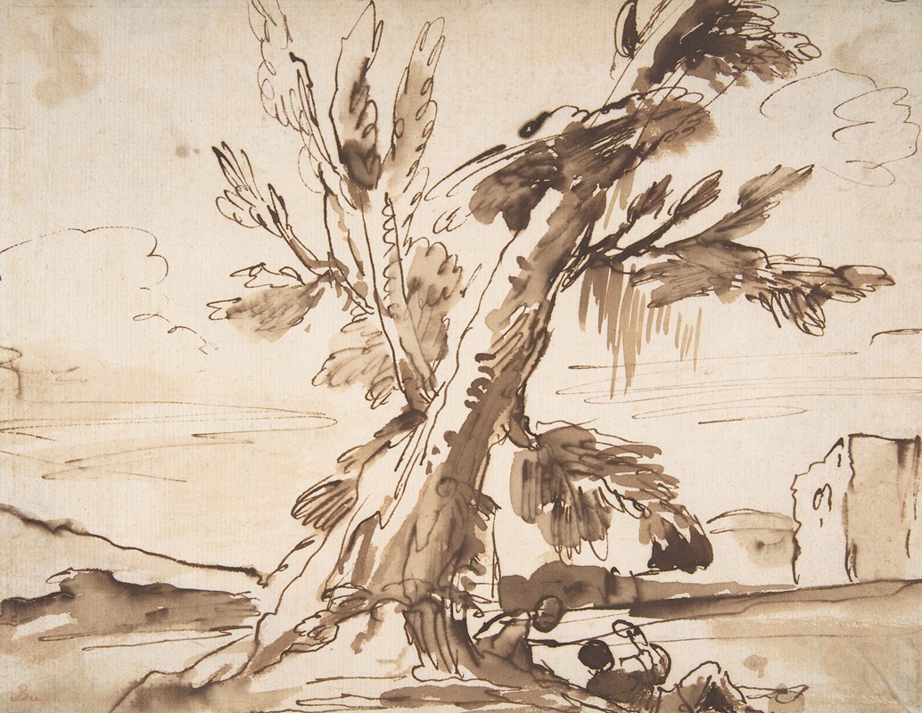 Landscape with Two Men Under a Tree. by Пьер Франческо Мола — digital art print download