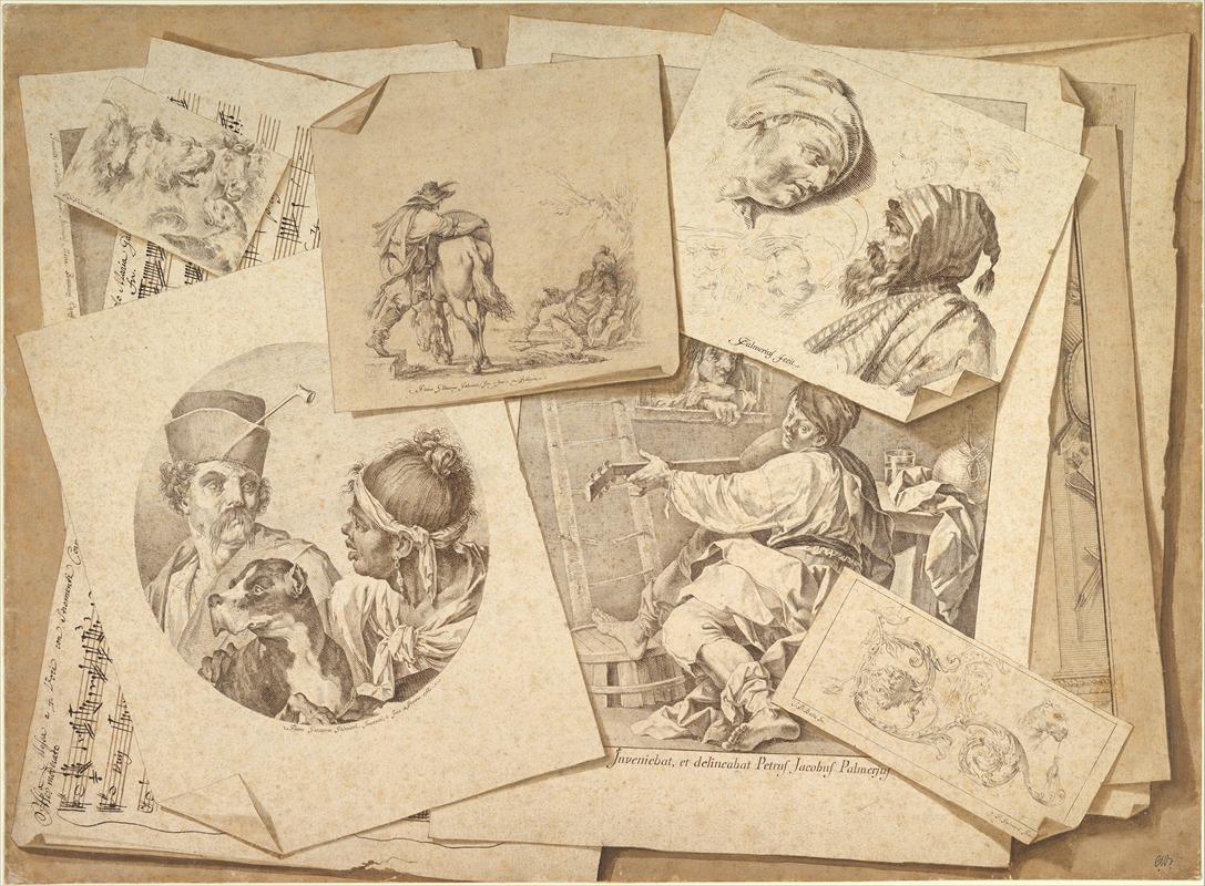 Trompe-l'Oeil Exercise; Prints on a Table Top by Pietro Jacopo Palmieri, 1766 — digital art print download