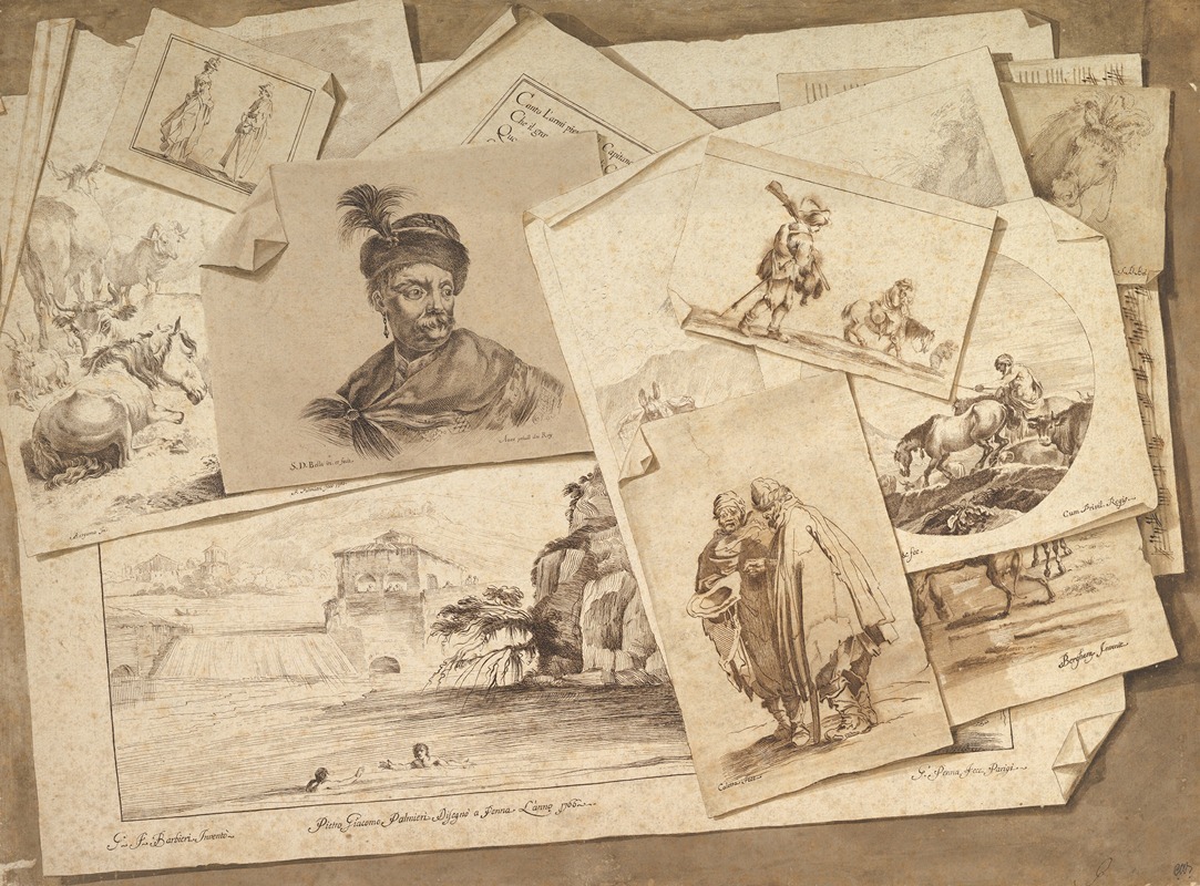 Trompe-l'Oeil Exercise; Prints on a Table Top by Pietro Jacopo Palmieri, 1766 — digital art print download