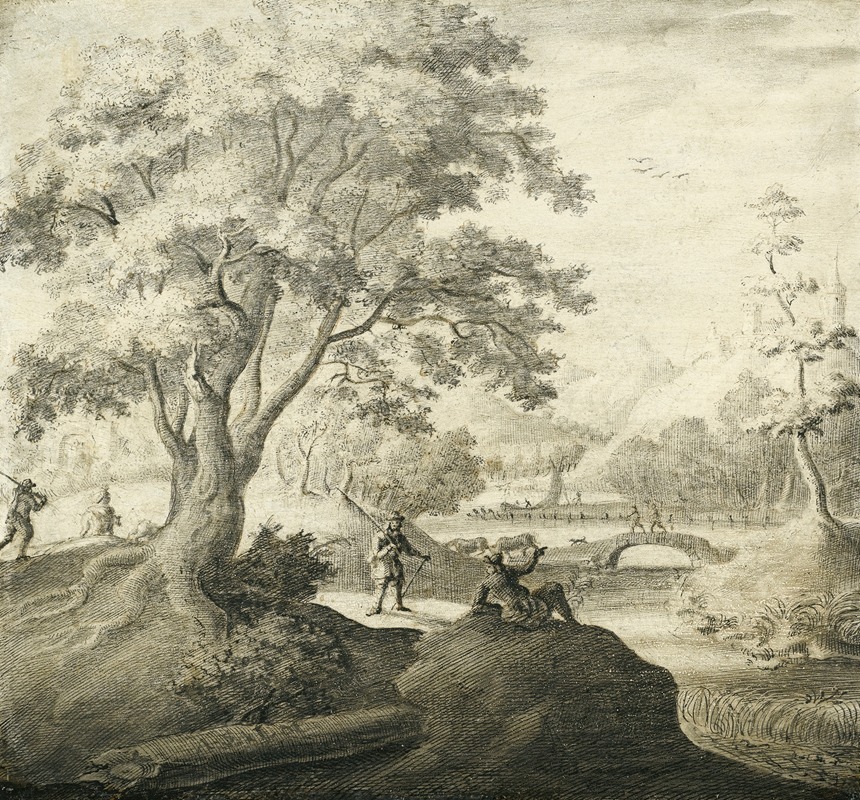 River Landscape With Figures Resting Along A Path by Adriaen Cornelisz. van der Salm — digital art print download