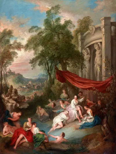 Female Bathers Near a Fountain (Nymphs Bathing in a Pool) by Жан-Батист Патер — digital art print download