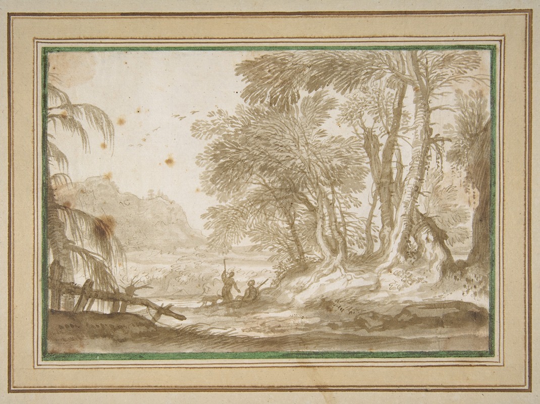 Wooded Landscape with Two Figures by Доменико Пиола, 1627–1703 — digital art print download