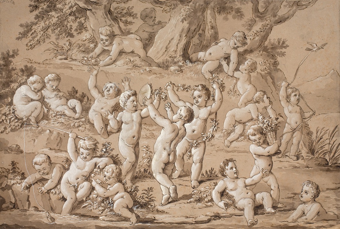 A Large Group of Putti Playing Contentedly by a Stream — Conrad Martin Metz