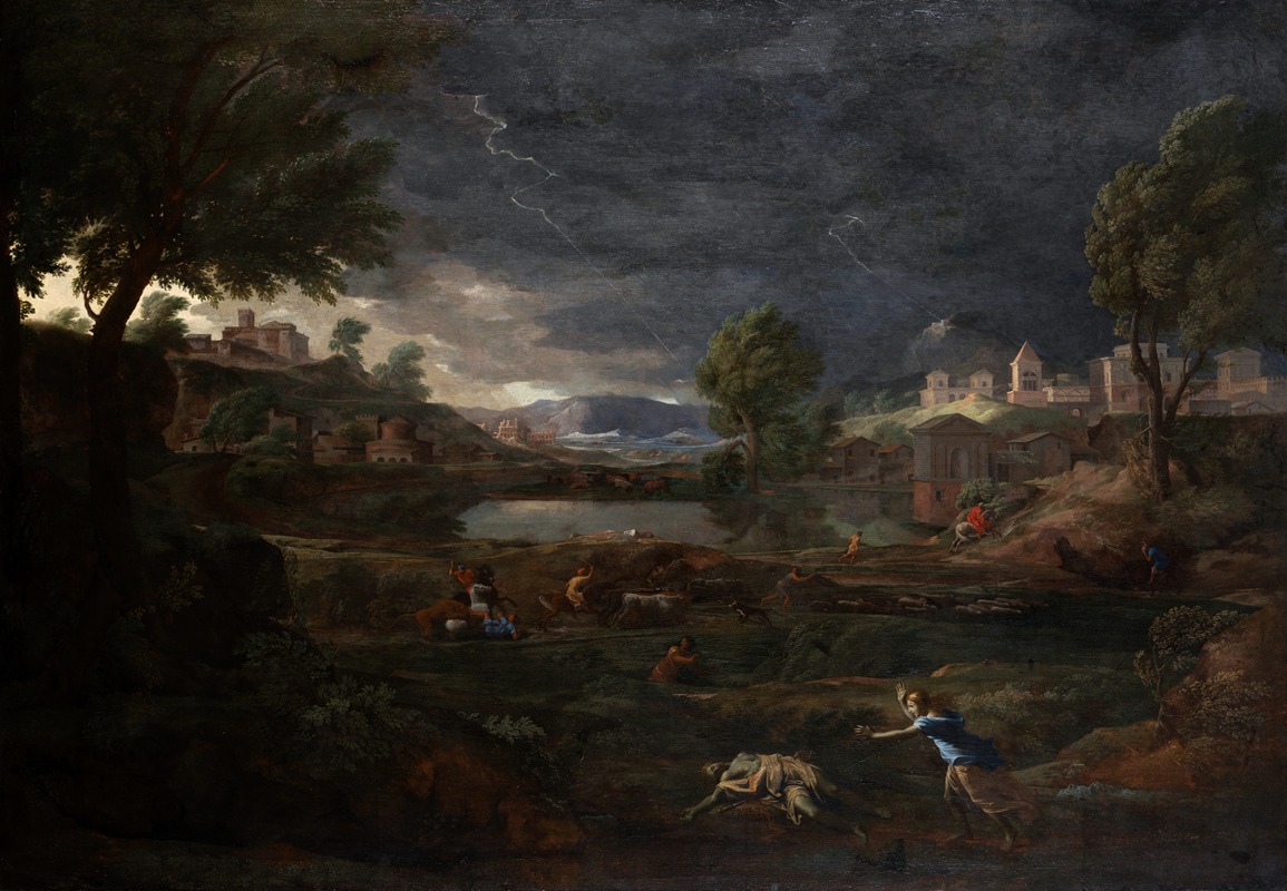 Landscape during a Thunderstorm with Pyramus and Thisbe by Николя Пуссен, 1651 — digital art print download